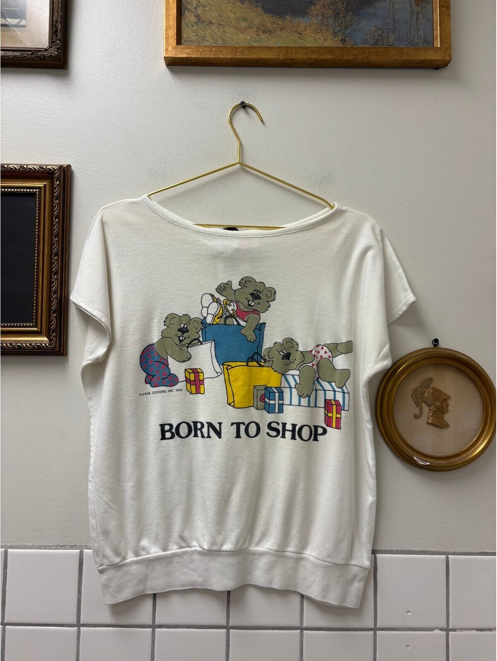 1986 Jane Colby "Born To Shop" Graphic T-Shirt, Off the shoulder White Tee